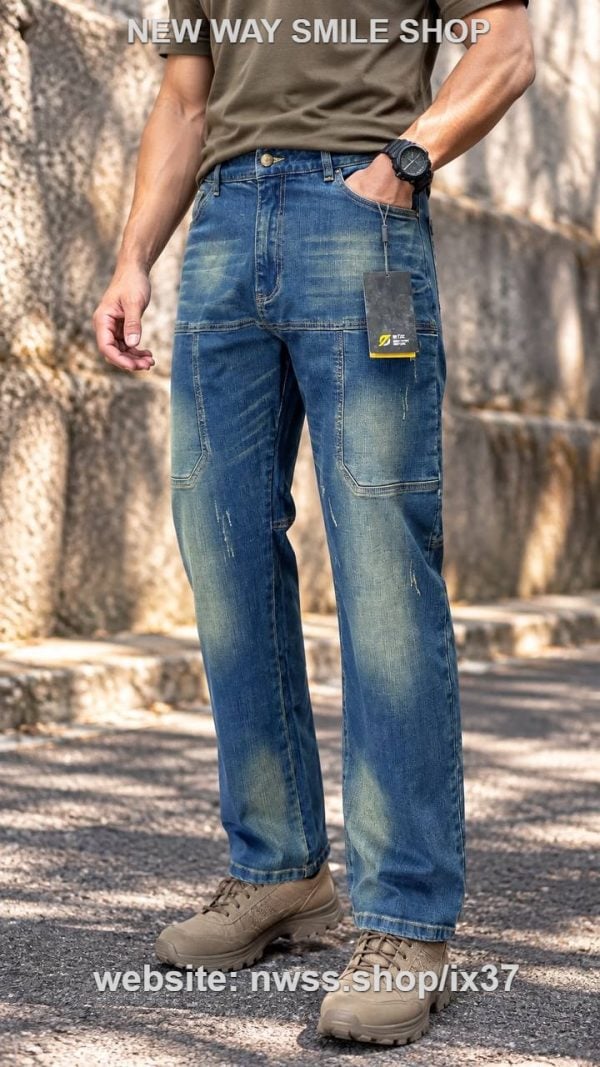 Men's washed denim utility jeans in straight-leg style with tactical design, suitable for outdoor activities.