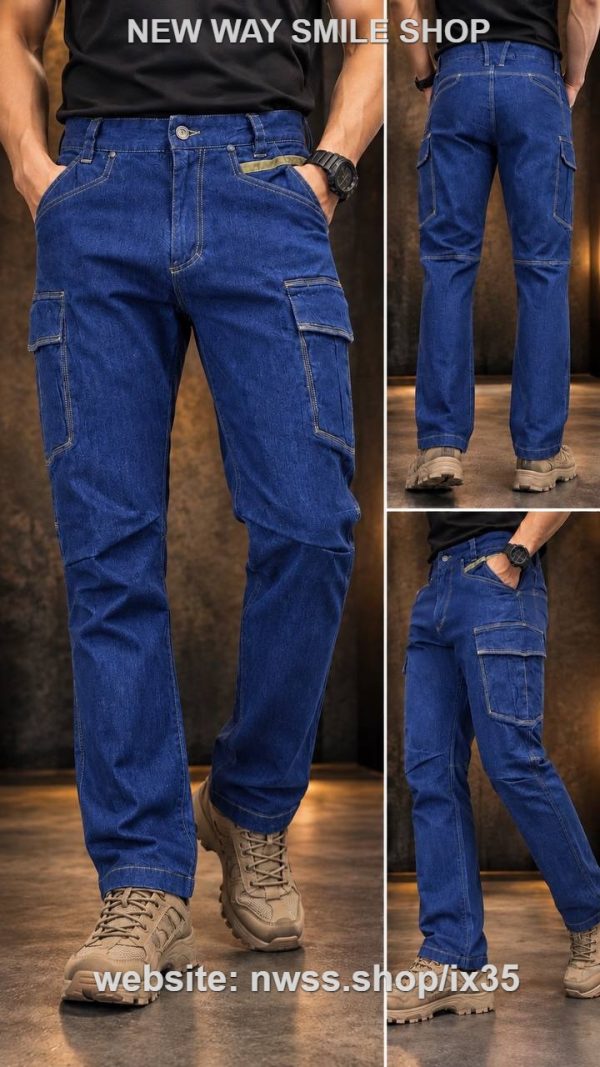 Denim cargo tactical pants with utility pockets in blue for outdoor wear, featuring a rugged style and functional design.