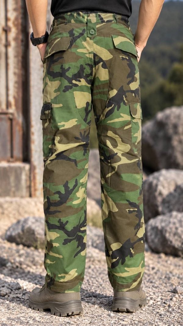 Woodland camouflage cargo pants for outdoor, tactical, and everyday use with multiple pockets and durable fabric.