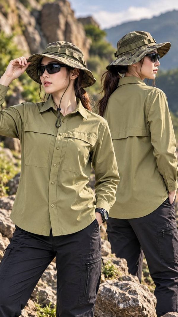 SHL05 Long Sleeve Quick-Drying Tactical Outdoor Shirt in khaki color for outdoor activities.