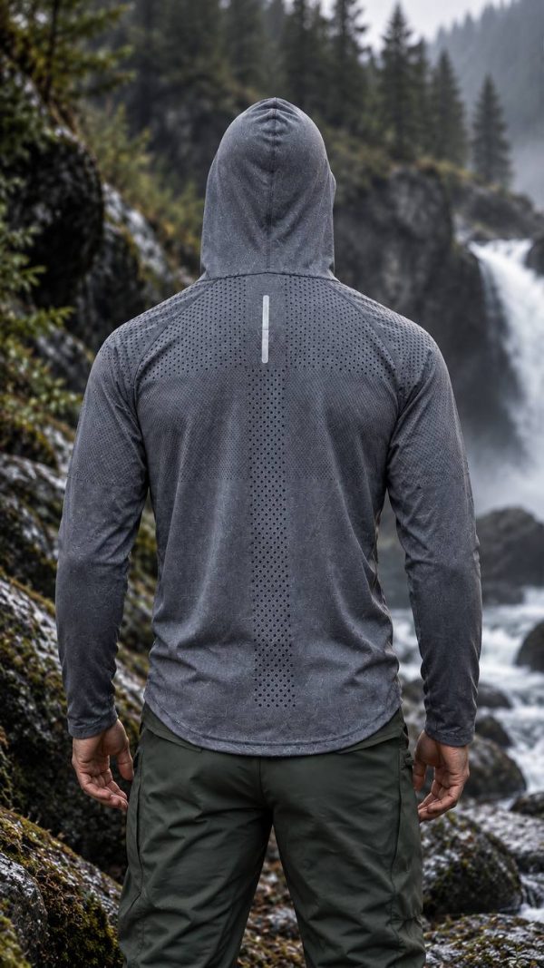 Men's hooded long-sleeve outdoor shirt with ventilated panels and reflective back detail in dark gray.