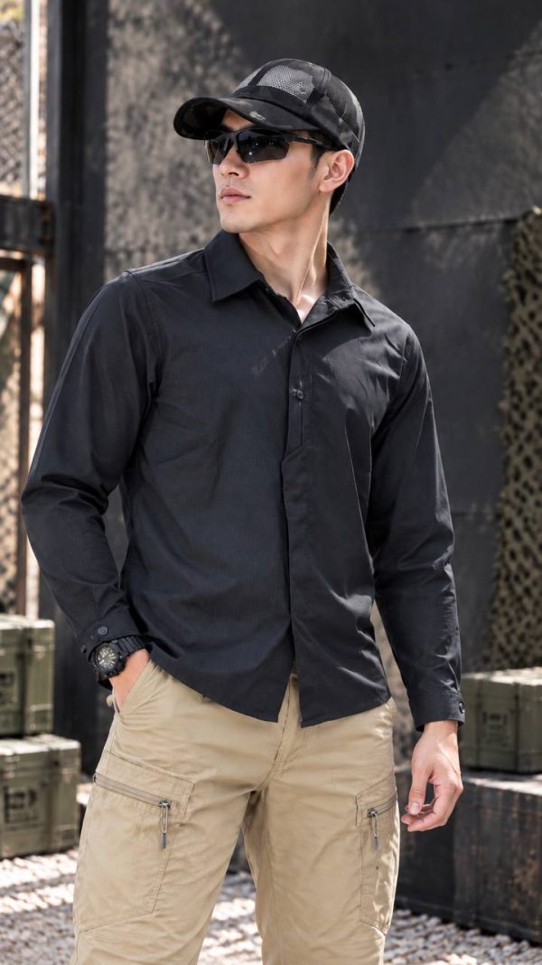 Lightweight long sleeve tactical shirt in black for outdoor and tactical use.