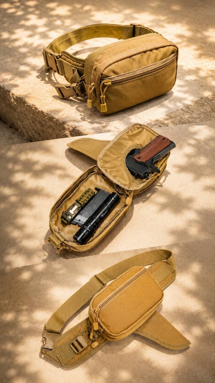 កាបូបចង្កេះ Tactical សម្រាប់ក្រៅផ្ទះ បៃតង khaki មានថង់ចំហៀងបែប Holster និងផ្ទុកឧបករណ៍ច្រើន.