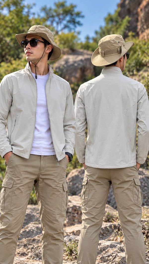JK12 Lightweight Stand Collar Commuter Jacket beige for men outdoor tactical wear.