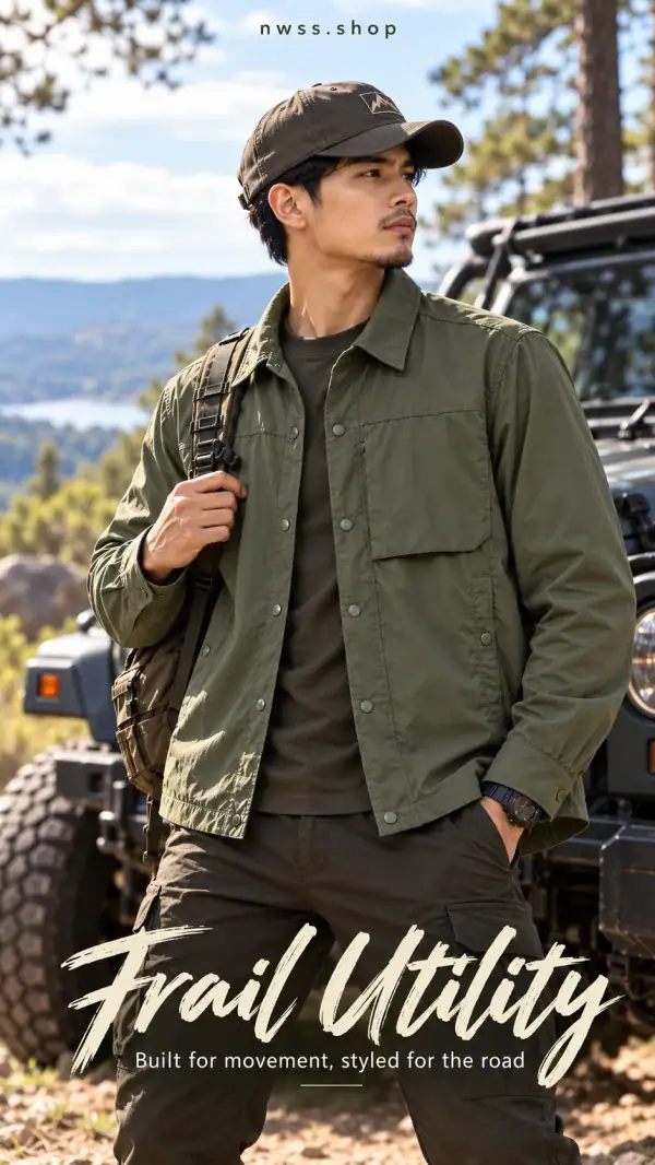 Men wearing olive green JK13 lightweight quick-dry long-sleeve shirt jacket for outdoor activities.