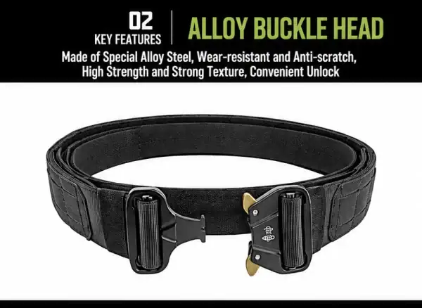 TBK09 Tactical MOLLE Quick-Release Belt with Inner Hook-and-Loop Belt, black, high-strength alloy buckle.