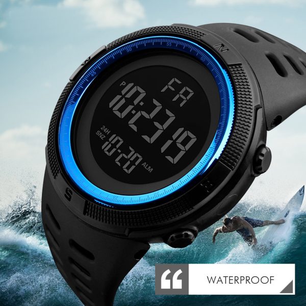 W24 HONHX 1866 digital sports watch with black strap and blue bezel, waterproof and multifunctional for outdoor activities.