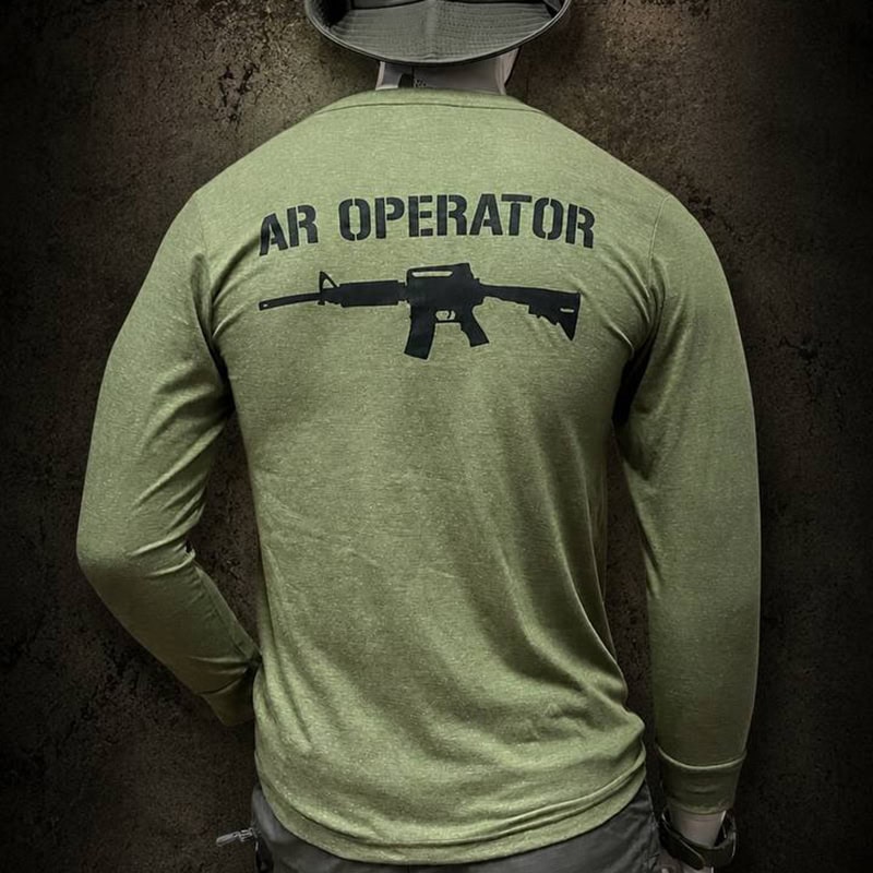 Military-inspired long sleeve tactical shirt with AR OPERATOR graphic in green color.