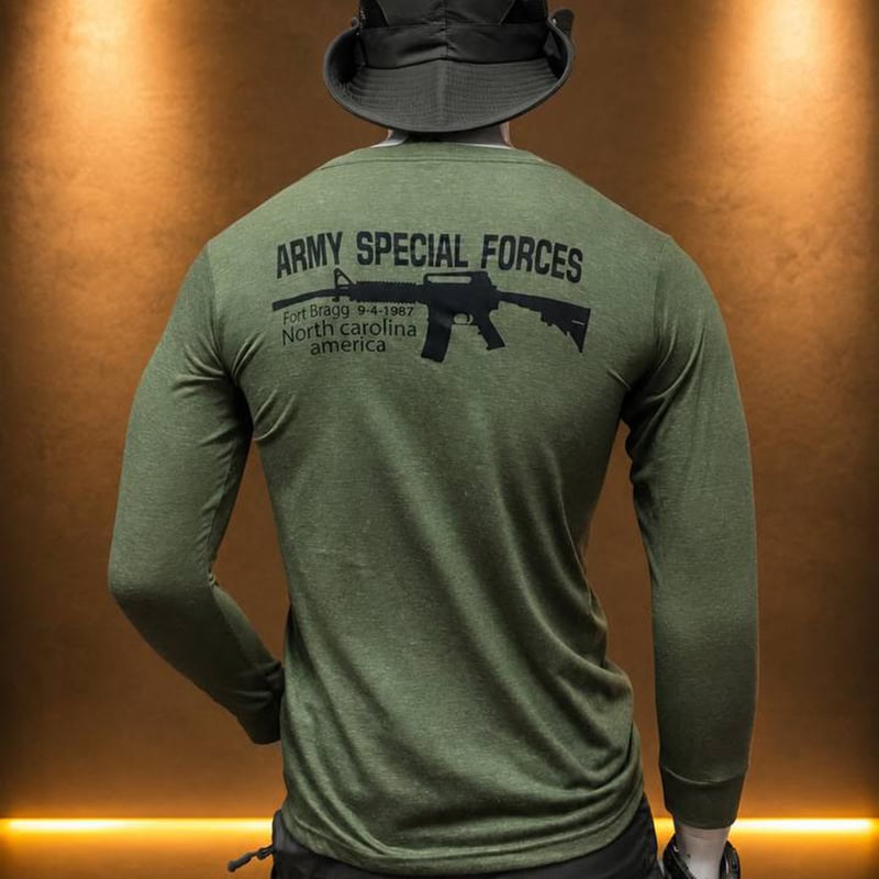 TSL20 1st Cavalier Graphic Long-Sleeve Tactical Shirt in green with army special forces print.