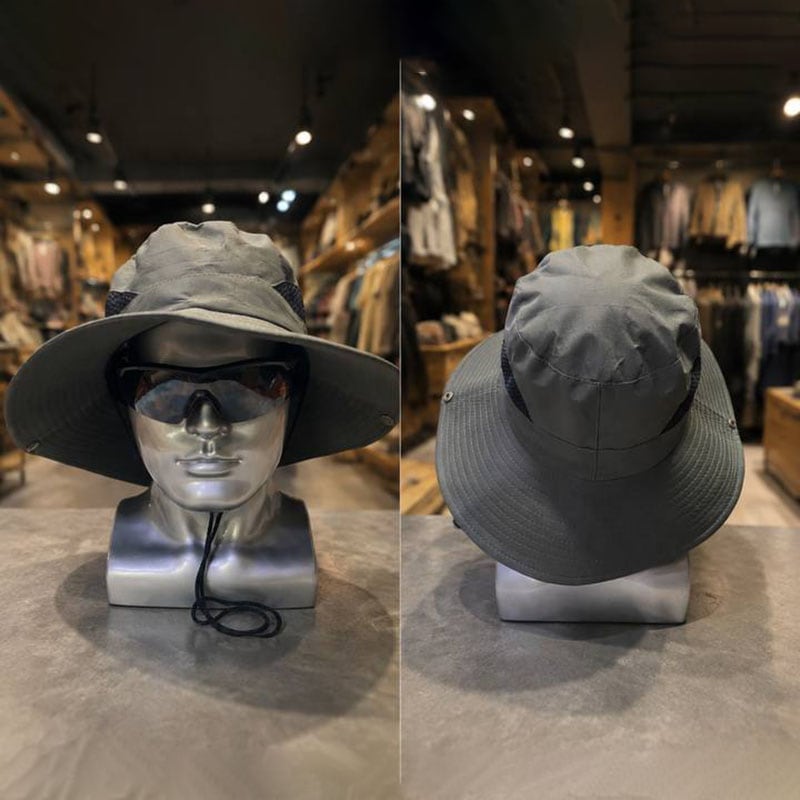 H13 Wide-Brim Outdoor Sun Hat with breathable mesh, snap-up sides and chin cord in gray color.