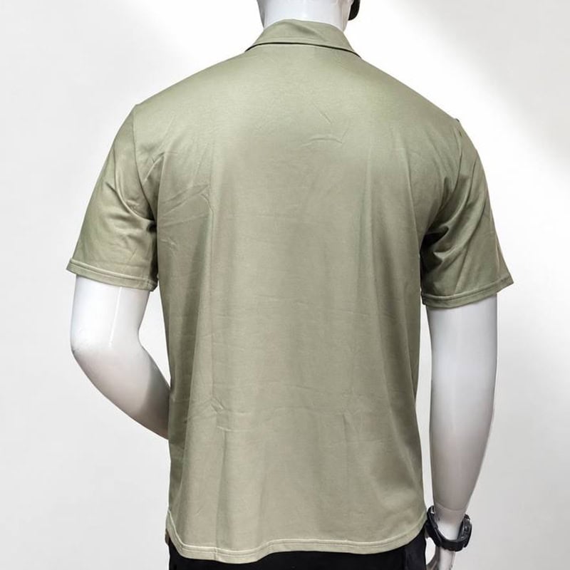 Olive tactical polo shirt with short sleeves and black flag-style chest graphic.