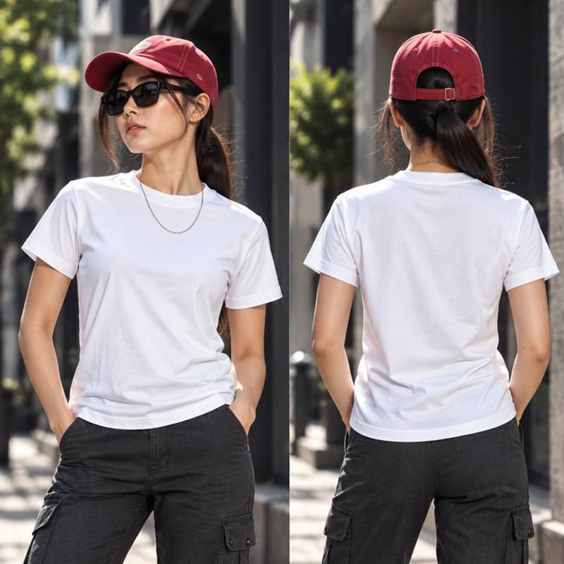 Unisex white short sleeve T-shirt from TSS30 collection, casual style, worn by a woman with sunglasses and a red cap.
