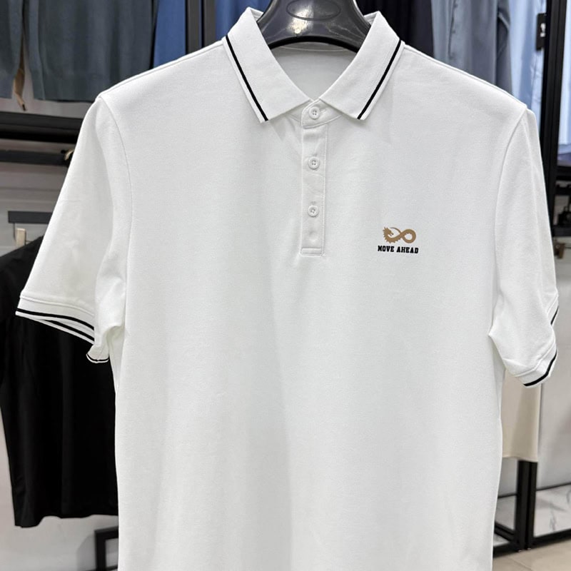 White short-sleeve polo shirt with black contrast trim and MOVE AHEAD chest logo.