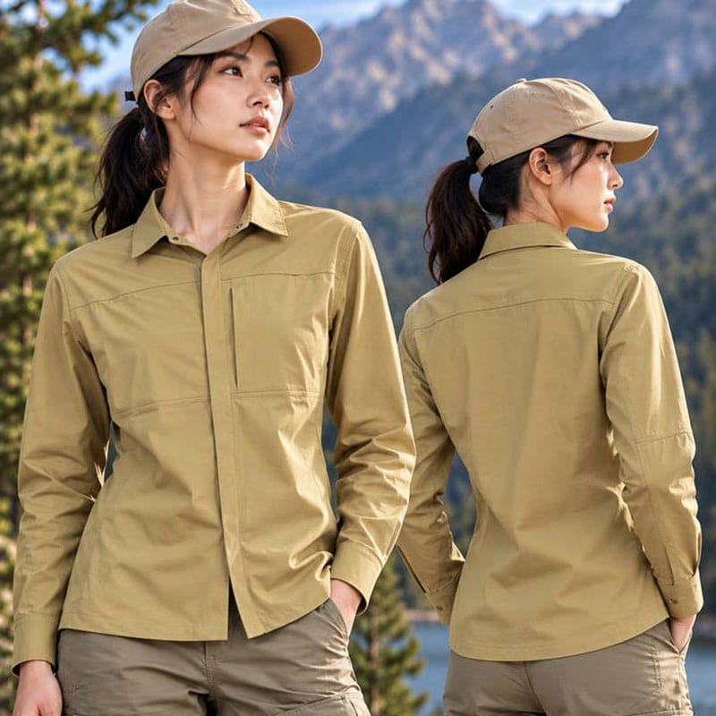 Nylon blend outdoor shirt jacket in khaki for daily wear and light outdoor activities.