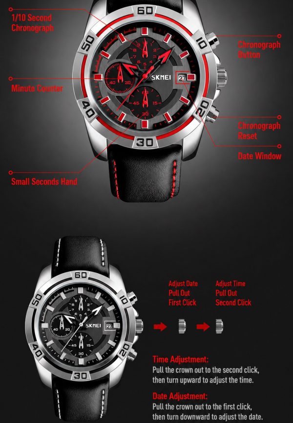 W12 Bold Multifunction Quartz Watch with Leather Strap and Date Display, black and red style, tactical outdoor design.