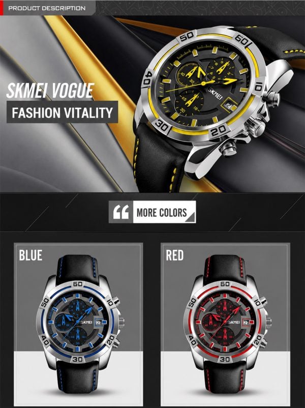 W12 Bold Multifunction Quartz Watch with Leather Strap and Date Display in black and yellow style.