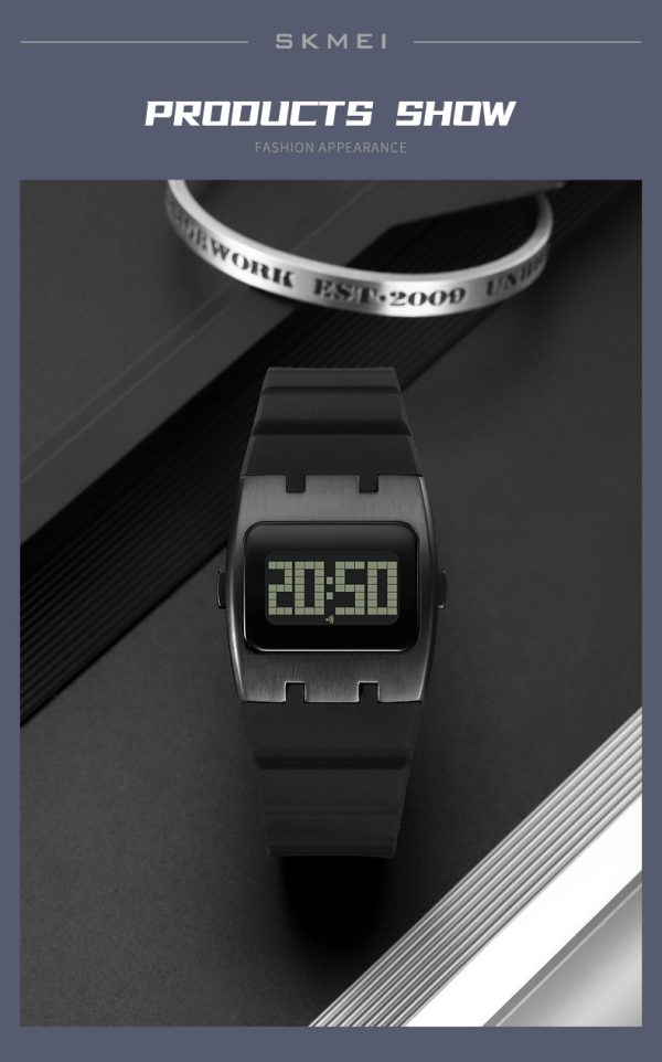W15 Square digital watch with metal style and silicone strap, EL backlight for outdoor use.