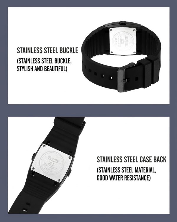 W15 Square Digital Metal-Style Watch with Silicone Strap and EL Backlight, black silicone strap, stainless steel case back.