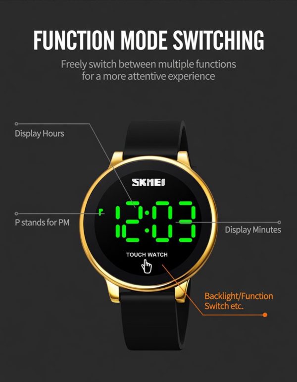W16 Touch LED Digital Watch with Silicone Strap, black with green display, modern tactical style.