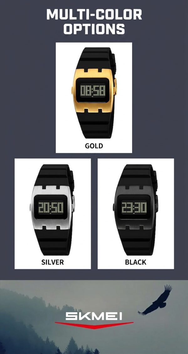 W15 Square Digital Metal-Style Watch with Silicone Strap in black, silver, and gold colors.