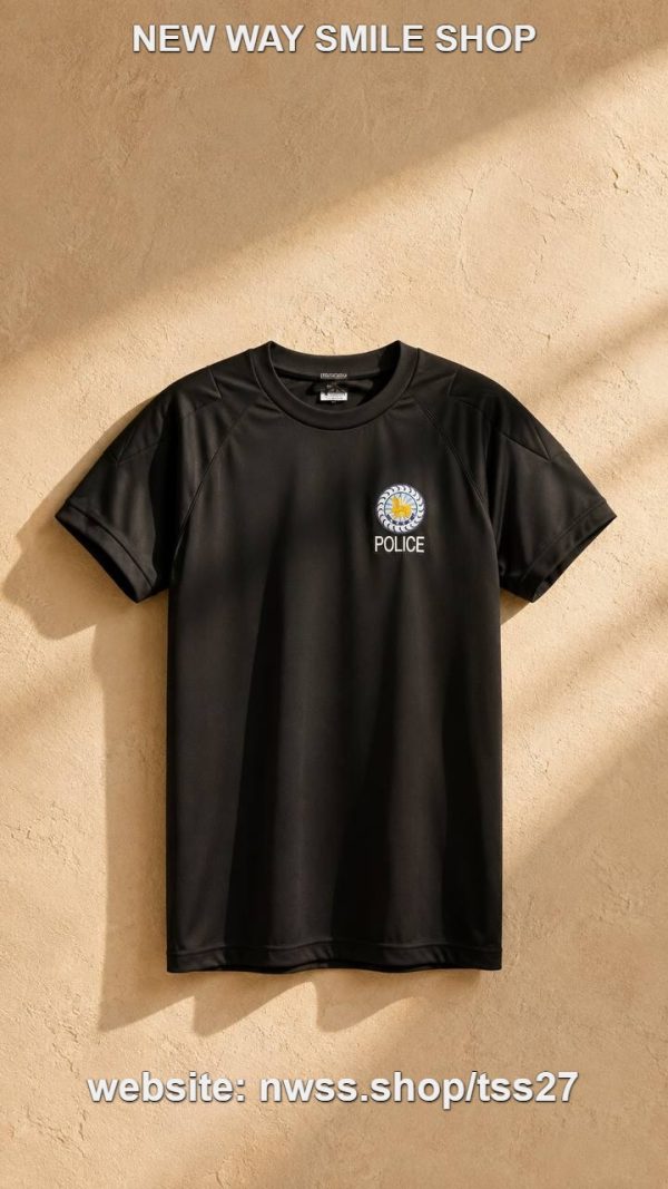 Black tactical T-shirt with police chest graphic and shoulder panels, short-sleeve crew-neck style.