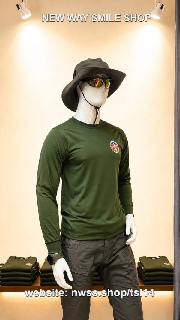 អាវដៃវែង Tactical Outdoor ពណ៌បៃតងអូលីវ មានឡូហ្គោបោះពុម្ពលើទ្រូង.