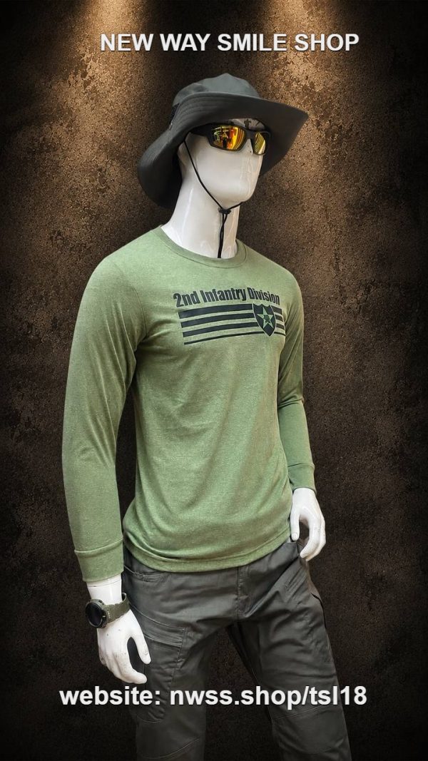 TSL18 military-inspired long sleeve tactical shirt with printed chest and back graphics in green.