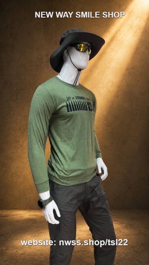 TSL22 Airborne Graphic Long-Sleeve Tactical Shirt in green on mannequin with hat and sunglasses.