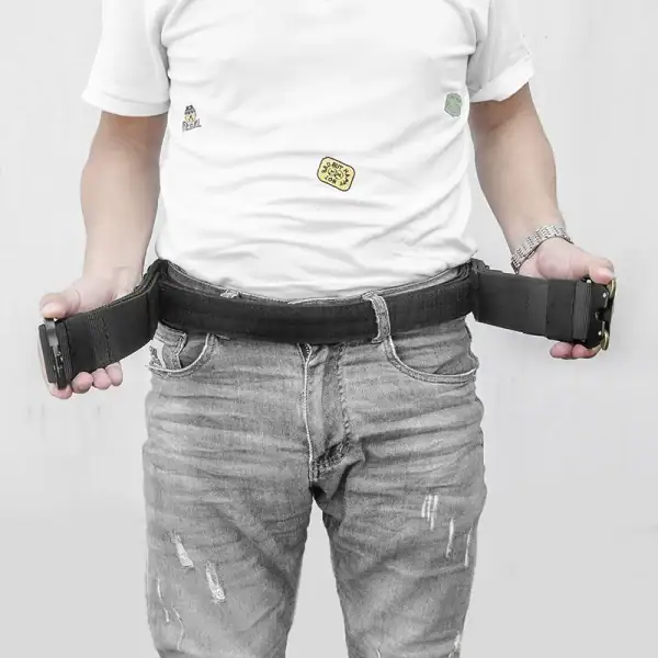 Tactical MOLLE quick-release belt with inner hook-and-loop, black color, for outdoor and tactical use.