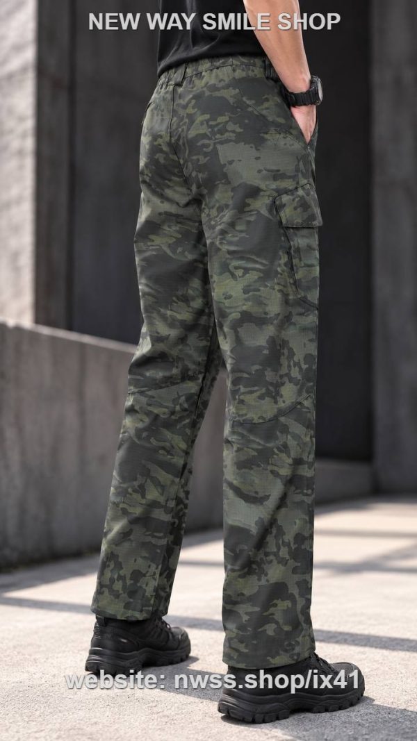 Green camouflage tactical cargo pants with utility side pockets for outdoor and tactical use.