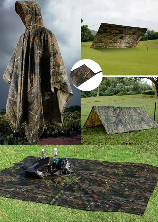 Camouflage waterproof rain poncho for outdoor and tactical use, versatile and durable for outdoor activities.