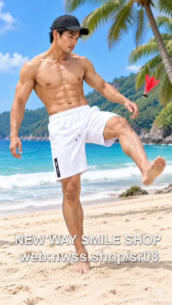 SR08 Men's Drawstring Outdoor Beach Shorts in white with black accents, suitable for beach and outdoor activities.