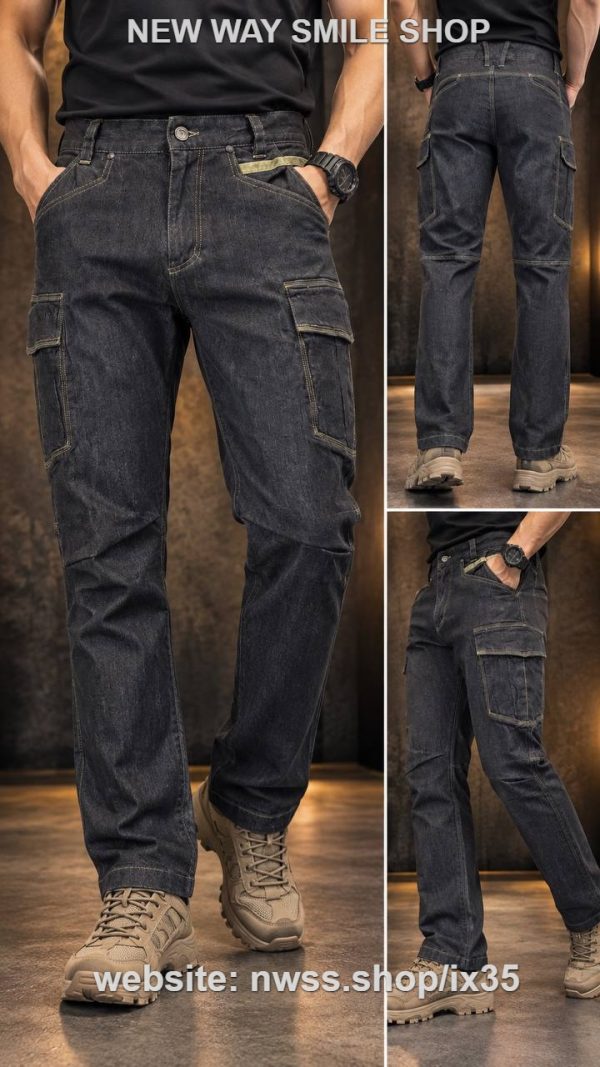 Denim cargo tactical pants with utility pockets in dark blue for outdoor wear.