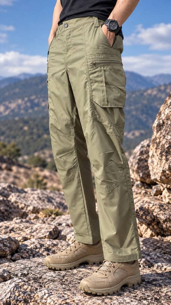 Khaki tactical cargo pants with multi-pocket outdoor design for tactical and outdoor activities.