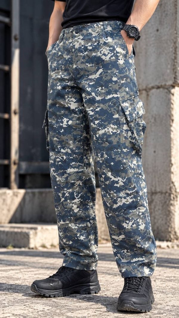 IX47 Blue Digital Camouflage Tactical Cargo Pants for outdoor and daily use with multiple pockets and durable fabric.