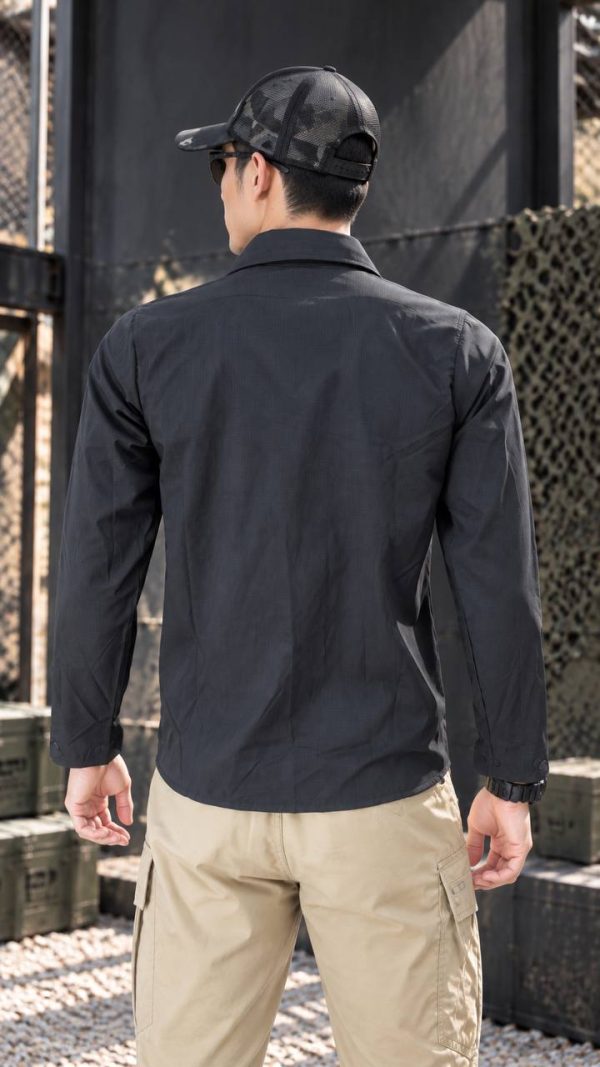 Lightweight long sleeve tactical shirt in black, ideal for outdoor and tactical use.