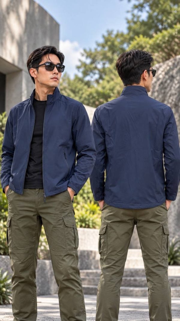 Men's navy lightweight stand collar commuter jacket, casual outdoor style, for tactical use.
