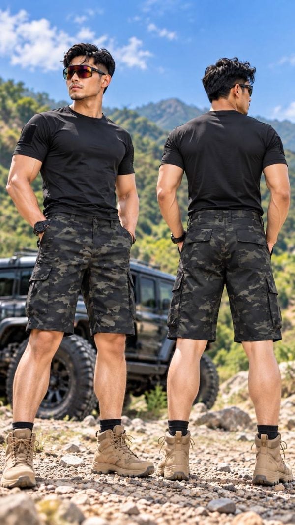 SR01 tactical shorts in camouflage style, outdoor gear for tactical use.