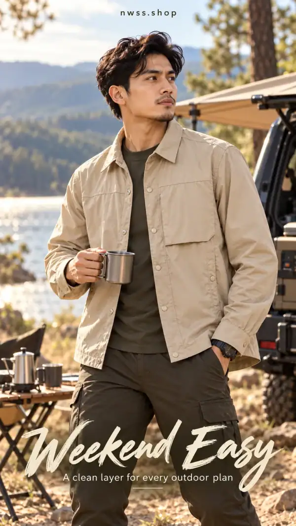 Men's lightweight quick-dry long-sleeve shirt jacket in beige for outdoor activities.