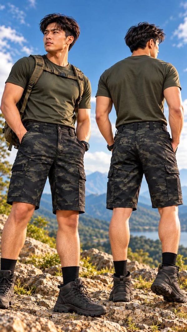 ខោខ្លី Tactical Cargo មានចង្កេះអាចកែតម្រូវបាន និងរចនាបែប Outdoor សម្រាប់ការផ្សងព្រេងនិងកម្សាន្ត.