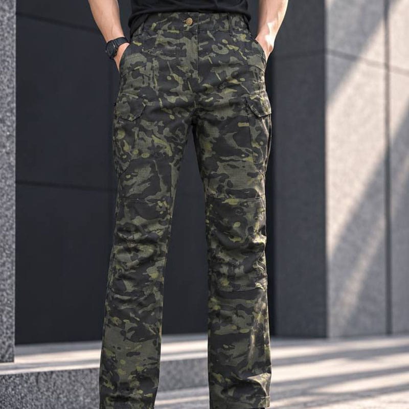 IX46 Straight-Leg Tactical Cargo Pants in camouflage for outdoor use.
