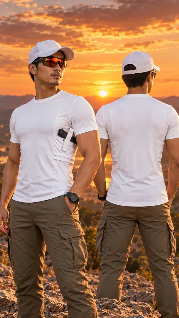 Men wearing white tactical short sleeve shirt with black holster pocket at sunset.