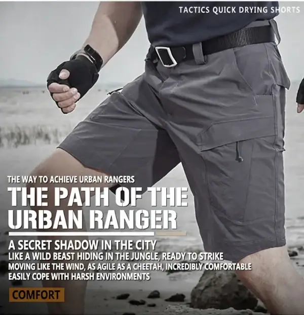 SR09 lightweight quick-dry elastic tactical cargo shorts for outdoor and tactical use.