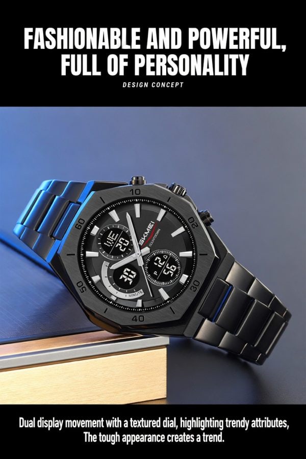 W22 SKMEI steel belt multifunction electronic watch with textured dial and dual display movement.