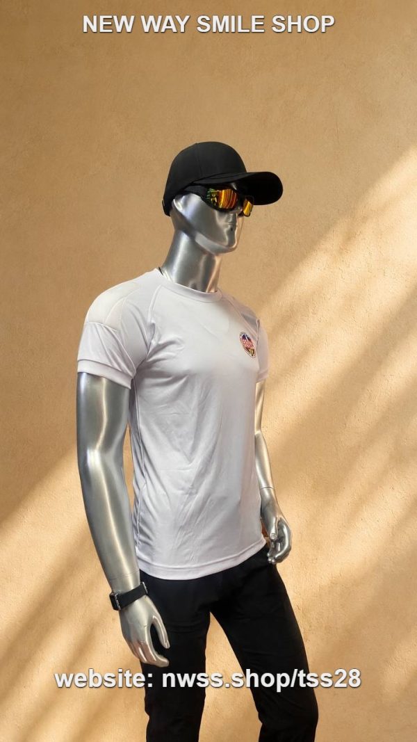 White TSS28 athletic T-shirt with circular chest emblem and raglan seams.