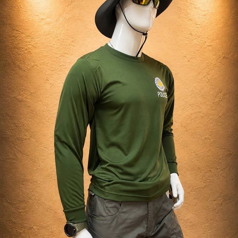 Police embroidered long-sleeve tactical shirt in green with police badge logo on chest.