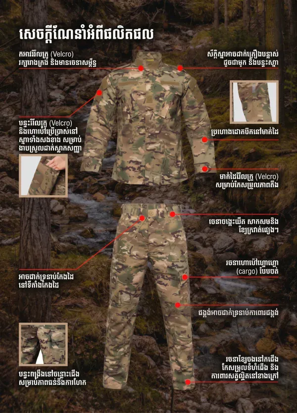 បុរសស្លៀកឈុតហាត់ Tactical Camouflage ពណ៌ស្មៅ និងខ្មៅ សម្រាប់ក្រៅផ្ទះ.