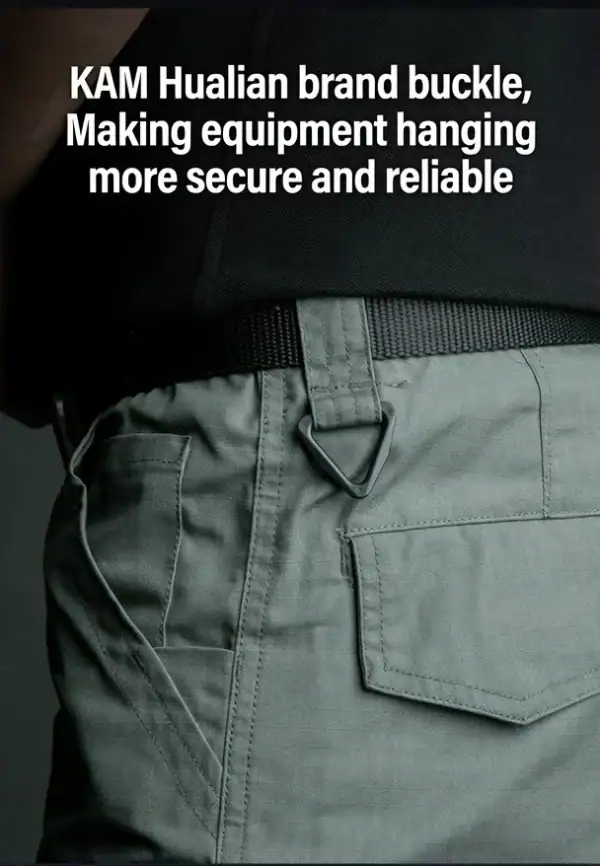 Lightweight tactical cargo shorts in gray with KAM Hualian brand buckle for outdoor and daily wear.