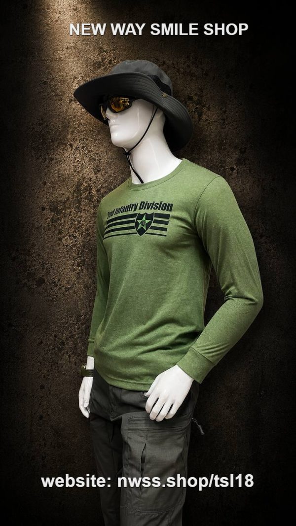 Military-inspired long sleeve tactical shirt with printed chest and back graphics in green color.
