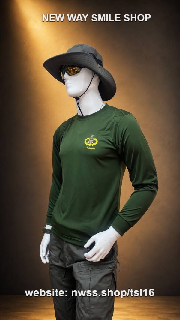 TSL16 Long-Sleeve Tactical Performance Shirt in green on mannequin with hat and sunglasses.